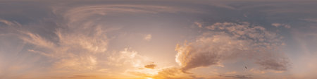 360 panorama of glowing sunset sky with bright Cirrus clouds. Seamless hdr spherical 360 panorama....