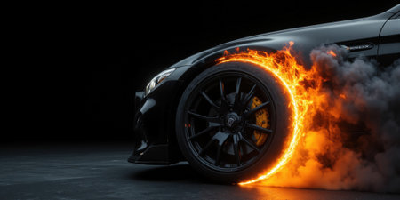 A dramatically lit close-up of a high-performance car wheel spinning at an incredibly high speed, bright orange and yellow flames erupting and thickの素材