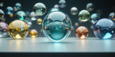 Hyper-Realistic 3D Glass Spheres with Soft Reflections A high-detail composition of transparent and tinted glass spheres, floating and reflecting softの素材