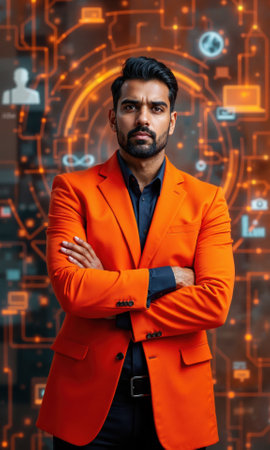 A South Asian male executive in bold orange, arms folded, with digital grids and technology symbols illuminating his path, representingの素材