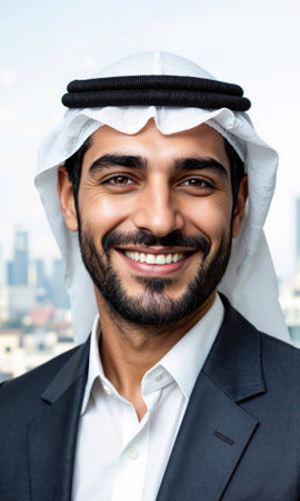 Middle Eastern man with symbolic bridge structure hovering nearby, collaborators smile, isolated , photo-realistic, neutral lighting, medium shotの素材