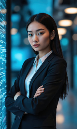 Asian female leader with sleek, straight hair, standing confidently with arms crossed, gazing forward with determination, surrounded by abstract digitalの素材