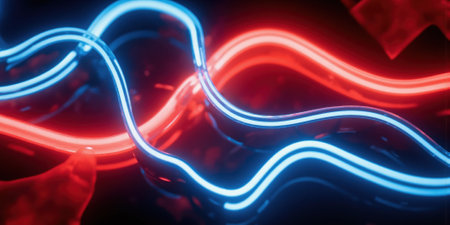 Red and Blue Abstract Neon Waves Glowing red and blue neon lines curve and intersect, creating an abstract, futuristic designの素材