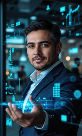 Hispanic male business professional with short hair, gesturing toward glowing holographic data trends and digital growth metrics, showcasing his leadershipの素材