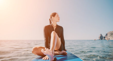 Woman Paddleboard Ocean Sunset Relaxing Enjoying
