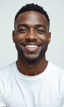Smiling Black Man White T-shirt Portrait Isolated A medium close-up photo features a smiling Black man with a beard, wearingの素材