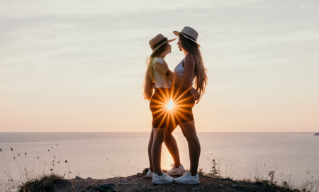 Two Women Embrace at Sunsetの写真素材