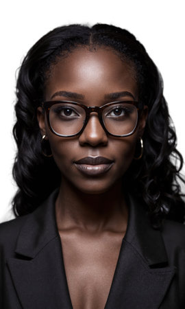 A confident Black woman with natural curls and rectangular glasses, her gaze sharp and intense, surrounded by radiant linesの素材