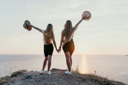 Two Women Admiring Sunset on a Cliff