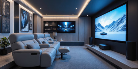 Tech-savvy home theater in silver gray, featuring AI-powered seating that adjusts based on body shape and movie preferences, and motion-sensingの素材