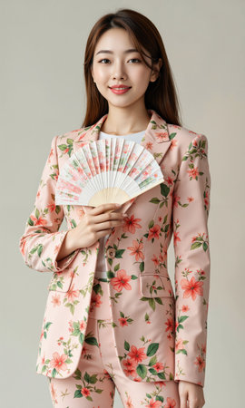 Bloom Asian Designer Floral Palette Asian female 31 blazer floral palette fan, isolated , photoreal pink-green, bright studio, shallowの素材