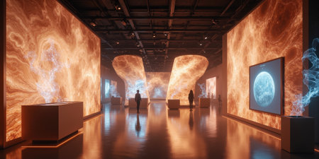 A digital art gallery in the metaverse where visitors experience AI-generated art in real-time, surrounded by an abstract digital spaceの素材