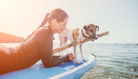 Woman Dog Paddleboard - A woman and her dog enjoy paddleboarding on a sunny day.の写真素材