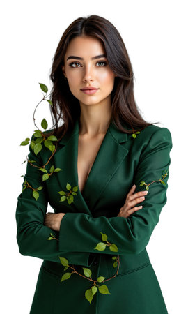 A female strategist in deep forest green, with vines shaped like revenue graphs wrapping her arms, representing growth rootedの素材