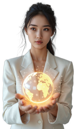A composed woman in classic ivory, her hands gently supporting a glowing globe surrounded by growing digital pathways, symbolizing howの素材