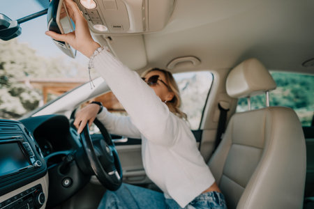 Woman Adjusting Rearview Mirror in a Carの写真素材