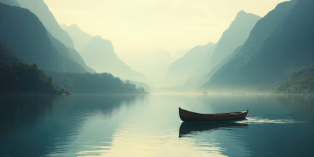 Calm lake with wooden boat and mountain reflection for travel and outdoor adventure themes. A small wooden rowboat floats motionlesslyの素材