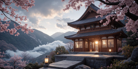 Temple Japan Cherry blossoms traditional Japanese architecture with pink sakura blossoms in mountain landscape sunriseの素材