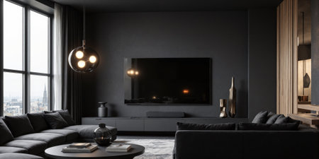 Living Room Interior Modern Sofa Black couch TV in dark luxury apartment living room with city view windowの素材