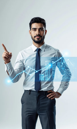 Hispanic male pointing forward with virtual bar chart emerging from fingers, driving growth, isolated , 3D stylized, clean lightの素材