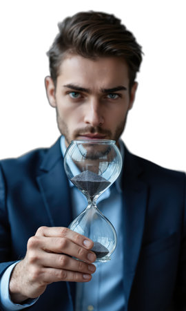 A dynamic male executive in navy and silver, his gaze reflected in a transparent hourglass, symbolizing time stewardship, patienceの素材