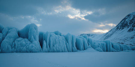 Blue Hour Glacier Minimalism Pristine ice formations photographed during arctic blue hour creating abstract architectural study in monochromatic blue paletteの素材