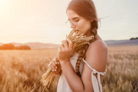 Woman wheat field. Agronomist, Woman farmer check golden ripe barley spikes in cultivated field. A woman is holding a bunch of wheat in her arms.の写真素材