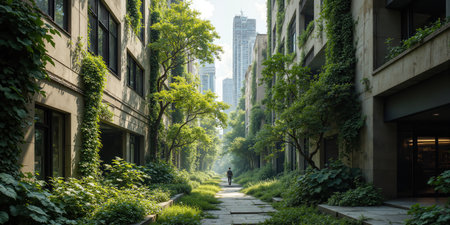 Rewilded Urban Landscape Post-anthropocene city visualization showing nature reclamation patterns, ecological urbanism abstract, biodiversity renaissance in structural integrationの素材