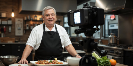 Elderly Chef Running a Viral Cooking Channel A charismatic senior chef in a professional kitchen films a viral recipe tutorial,の素材