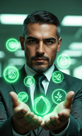 Hispanic Man with Floating Eco Icons Around His Hands Hispanic man, 50s, eco business wear, green glow from icons, isolatedの素材