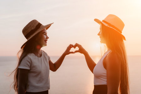 Two Women in Straw Hats Making a Heart Shape at Sunsetの写真素材
