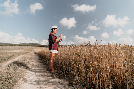 Young Woman Examining Wheat Field with Clipboardの写真素材