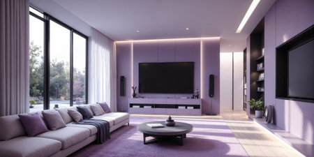 Smart music room in lavender mist, featuring AI-powered sound systems that adjust acoustics based on the listeners preferences, and interactiveの素材