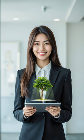 Asian woman holding tablet displaying floating digital tree, eco-smart technology, isolated , photo-realistic, medium shotの素材