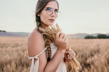 A Blonde Woman in a Wheat Field, Holding Wheatの写真素材