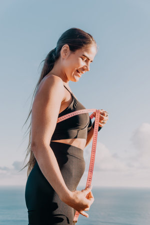 Woman Measuring Body Outdoors Fitness Motivation