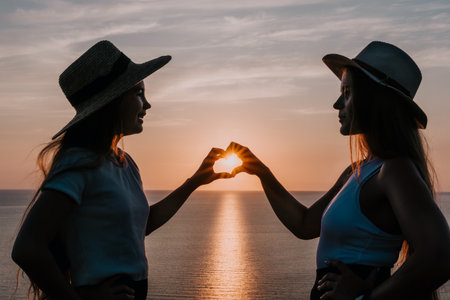 Two Silhouettes Making a Heart Shape with the Setting Sunの写真素材
