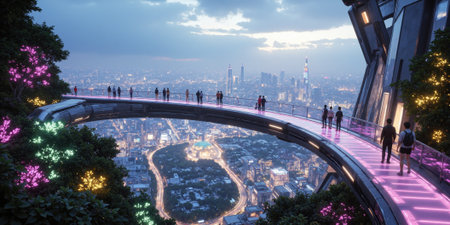 Futuristic Sky Garden Walkway A glowing, elevated walkway winding through a futuristic garden suspended in the clouds. The garden features bioluminescent plantsの素材