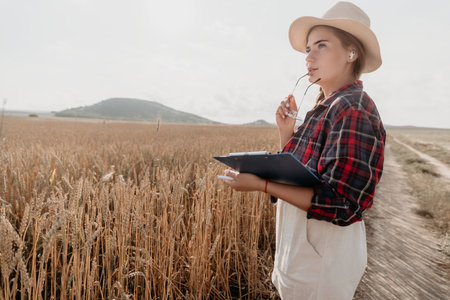 Young Woman in a Wheat Field, Thoughtful and Holding a Clipboard