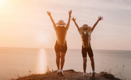 Two Women in Straw Hats Raise Their Arms in Joy at Sunset Overlooking the Seaの写真素材
