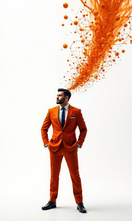 A powerful male in burnt orange, standing against a flowing stream of interconnected ideas that swirl around him, symbolizingの素材
