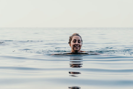 Woman Swimming Ocean Happy - A woman with a big smile swims in the ocean at dusk.の写真素材