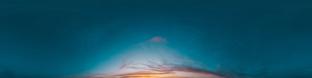 Dark moody twilight Sunset sky 360 panorama with bright glowing red pink Cirrus clouds. HDR 360 seamless spherical panorama. Sky dome for aerial drone panoramas. Climate and weather changeの写真素材