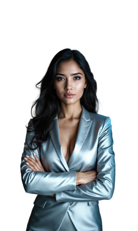 A South Asian female CEO in a silver suit, standing with arms confidently crossed, illuminated by glowing symbols of globalの素材