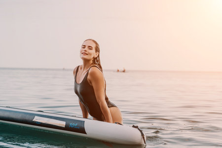 Woman, Paddleboard, Ocean: Smiling woman in a black swimsuit sits on an inflatable paddleboard in...