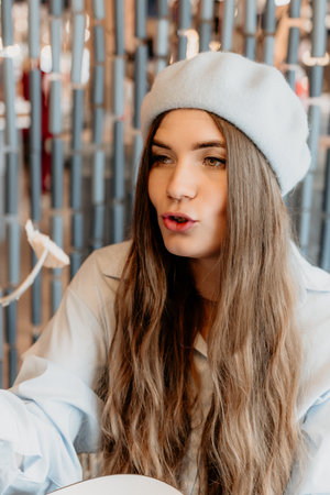 Woman Beret Talking Cafe Conversationの写真素材