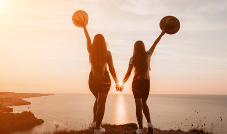 Silhouettes of Two Women Holding Hands at Sunset