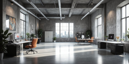 Modern design studio with industrial desks, concrete floors, and exposed pipes. Task lighting focuses on workspaces, while overhead track lightingの素材