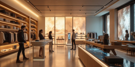 A futuristic retail experience powered by AI assistants and smart shelves, with abstract Mocha Mousse-colored backgrounds subtly highlighting the sleekの素材