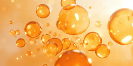 Abstract Orange Bubbles Orange, translucent bubbles of varying sizes float against a light background, with soft, diffused lighting creating subtleの素材